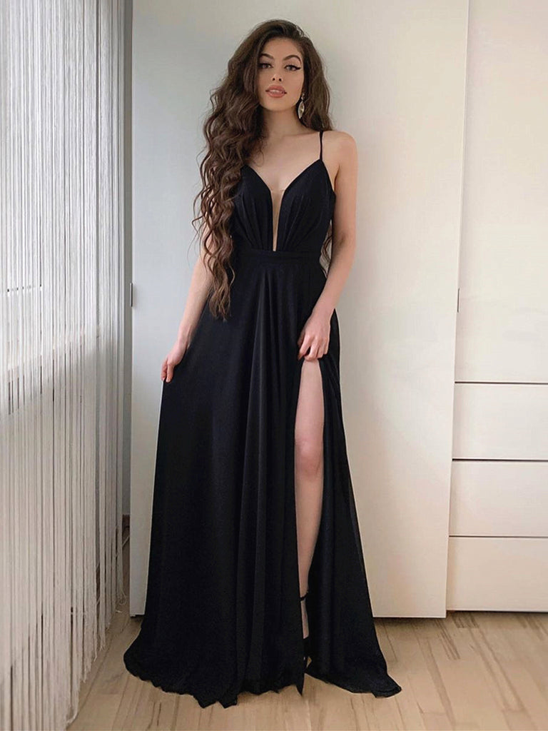 A Line V Neck Black Long Prom Dresses ...